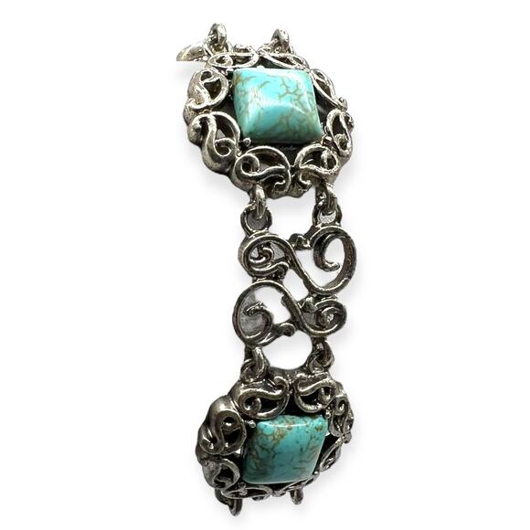 Balinese Silver Bracelet Turquoise Square Filigree Semi Precious Stone Howlite - Picture 2 of 13
